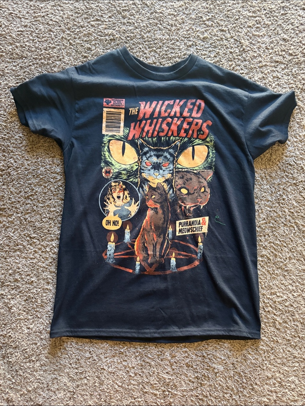 Hot Topic Black Graphic ‘Wicked Whiskers’ Tee with Yellow, Orange and Red Print